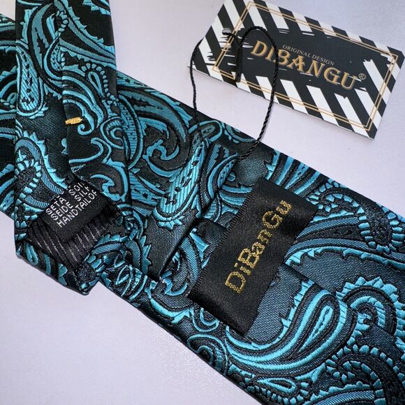 New DiBanGu Tie (58L 3W) Silk Necktie. Black Teal Men’s Paisley Print - Picture 2 of 7